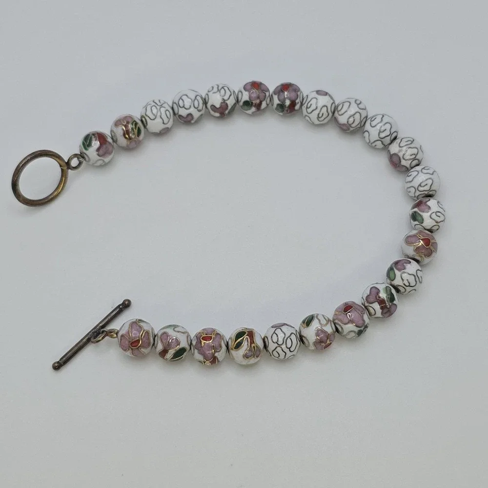 Vtg Authentic Chinese Cloisonné Bracelet Bead White Green‎ Enamel Floral 8